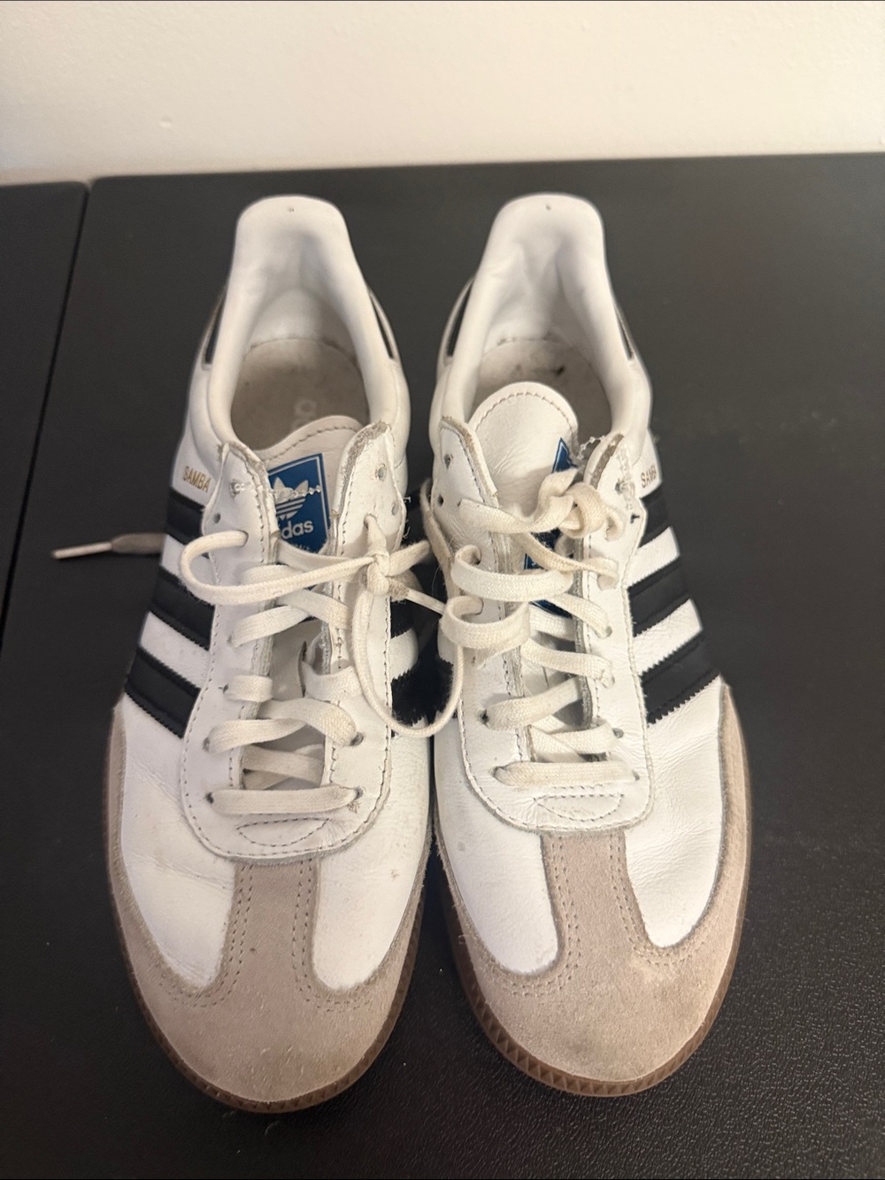 adidas Men’s White Sneakers with Black Stripes and Tan Suede Toe